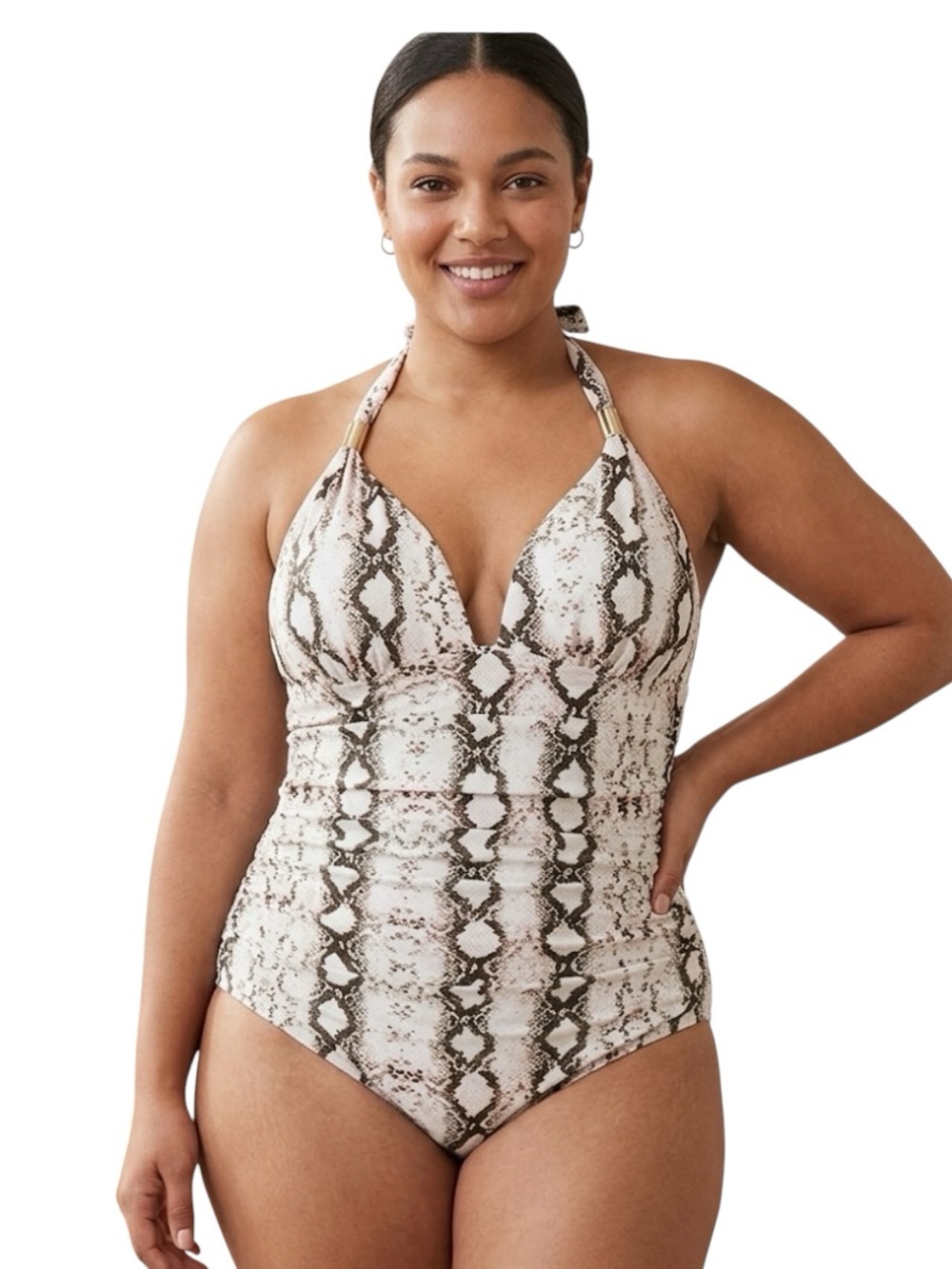 Women’s White Animal Snake Print Halter Ruched One Piece Swimsuit Size XXL